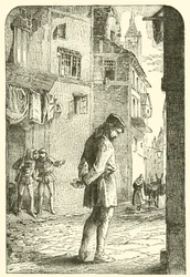 Bernard Palissy, der Hugenotten-Töpfer, mit gesenktem Kopf in den Straßen